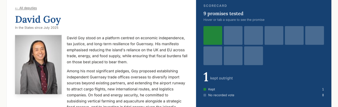 David Goy's page on the scorecard, showing his promise-by-promise record